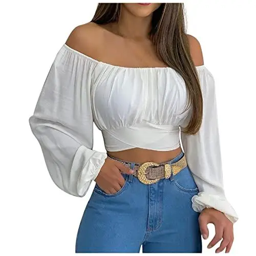 Produktbild: Blumendruck Volant ärmel Langes Blusentops Damen Strand Cropped Sommer Locker Bauchfreie Elastisch Schulterfrei Böhmische Bauchfrei Women's