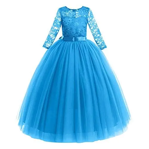 Produktbild: Blumenmädchen Kleid Kinder Mädchen Langes Abendkleid Festlich Hochzeit Brautjungfern Partykleid Tütü Tüll Prinzessin Spitzenkleid 3/4 Arm Festzug Cocktail Erstkommunion Ballkleid Blau 11-12 Jahre
