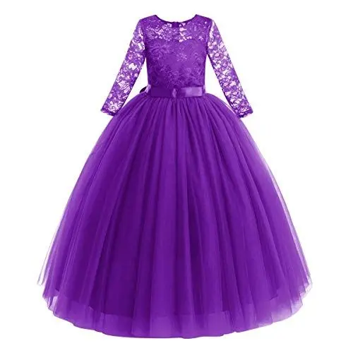 Produktbild: Blumenmädchen Kleid Kinder Mädchen Langes Abendkleid Festlich Hochzeit Brautjungfern Partykleid Tütü Tüll Prinzessin Spitzenkleid 3/4 Arm Festzug Cocktail Erstkommunion Ballkleid Lila 9-10 Jahre
