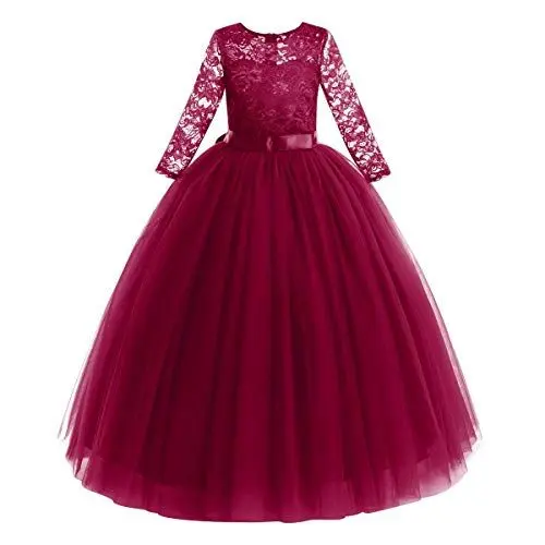 Produktbild: Blumenmädchen Kleid Kinder Mädchen Langes Abendkleid Festlich Hochzeit Brautjungfern Partykleid Tütü Tüll Prinzessin Spitzenkleid 3/4 Arm Festzug Cocktail Erstkommunion Ballkleid Weinrot 2-3 Jahre