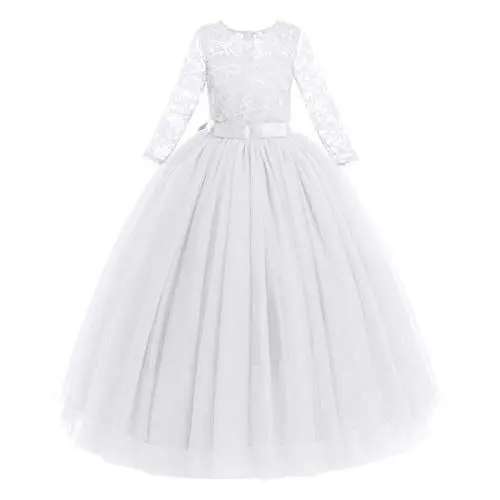 Produktbild: Blumenmädchen Kleid Kinder Mädchen Langes Abendkleid Festlich Hochzeit Brautjungfern Partykleid Tütü Tüll Prinzessin Spitzenkleid 3/4 Arm Festzug Cocktail Erstkommunion Ballkleid Weiß 7-8 Jahre