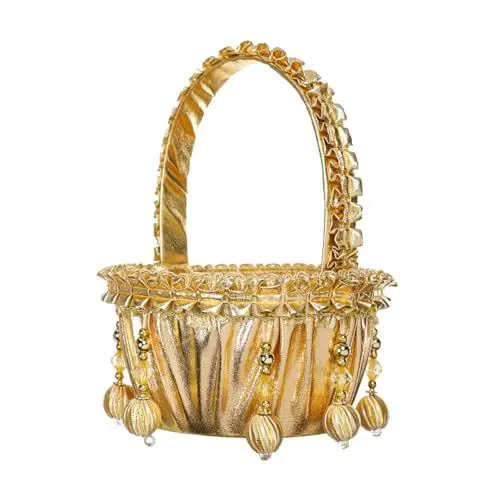 Produktbild: Blumenmädchen-Korb, Goldener Satin-Hochzeits-Blumenmädchen-Korb, Zarter Kleiner Satin-Blumenkorb, Romantischer, Eleganter Hochzeits-Blütenblatt-Aufbewahrungskorb für Party- und Zeremonienzubehör