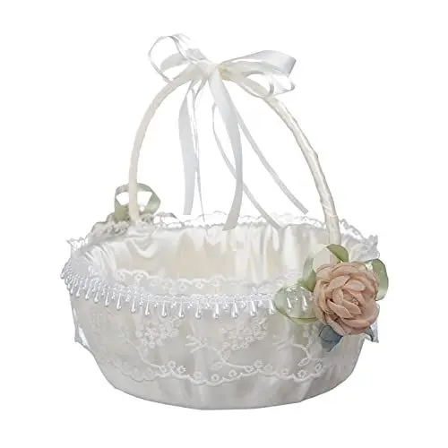 Produktbild: Blumenmädchen-Korb, Hochzeits-Blumenkorb, Hochzeits-Mädchen-Blumenkorb, West Rustikaler Spitzen-Schleifen-Hochzeitskorb, Süßigkeiten-Geschenkbeutel für Hochzeitsfeier, Bankett (A)