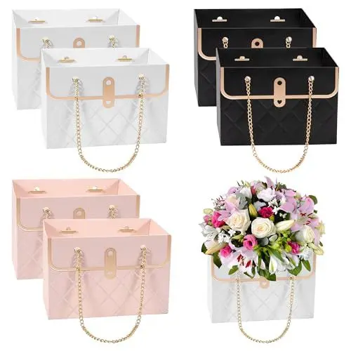 Produktbild: Blumen-Papierboxen, Blumenstrauß Hochzeit Geschenkkorb Aufbewahrungseimer, Kraftpapier Floristentasche Box mit Metallkette, Floristenverpackung Geschenkbeutel Handtasche (6 Stück)