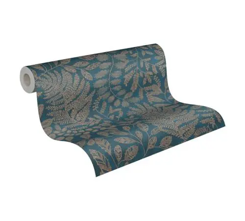 Produktbild: A.S. Création THE BoS Vliestapete mit floralem Muster 0,53 x 10,05 m – Blau, Gold, Türkis – Tapete mit Blättermotiv Made in Germany – 388304