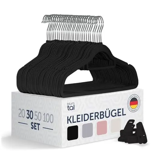 Produktbild: Blumtal Kleiderbügel 30 Stück mit Clips - Kleiderbügel Samt 360° drehbar und robust - platzsparende Kleiderbügel rutschfest - Kleiderbügel mit Klammern - Hosenbügel Schwarz/Hosenkleiderbügel