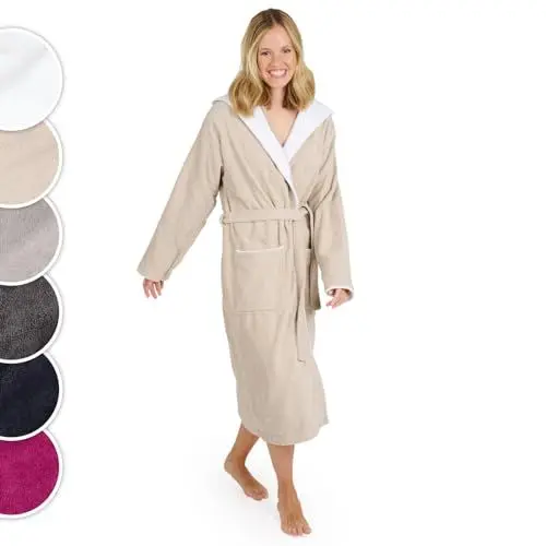 Produktbild: Blumtal Bademantel Damen Frottee in M aus 100% Baumwolle - OEKO-TEX zert. Sauna Bademantel Damen Baumwolle aus Velour & Frottier- extra saugstarke Bathrobe Women - Morgenmantel Kapuze- Taupe/Weiß