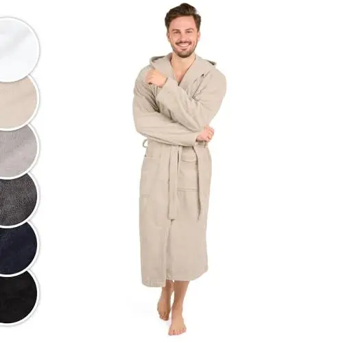 Produktbild: Blumtal Bademantel Herren XL - 100% Baumwolle, OEKO-TEX Zertifiziert - Morgenmantel Frottee + Velours Mit Kapuze - Taupe