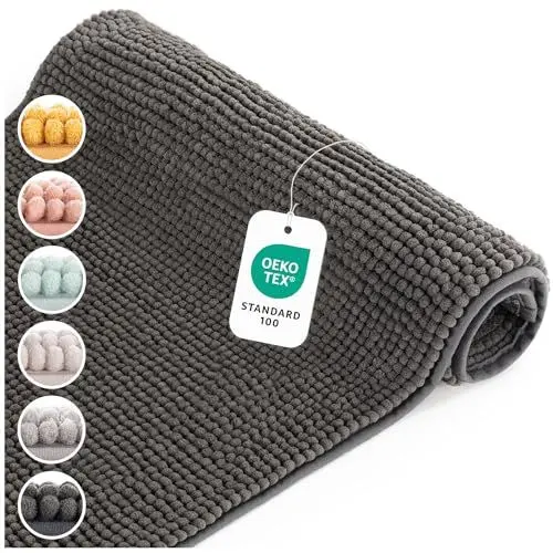 Produktbild: Blumtal Badematte 50x80 cm Hochflor Chenille - Oeko-TEX zertifizierter Badteppich - Badematten & Badteppiche - Duschvorleger - Badvorleger rutschfest - Bath Mats - Bad Teppich waschbar in Dunkelgrau
