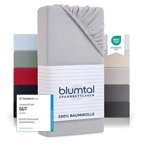 Produktbild: Blumtal® Basics Spannbettlaken 90x200cm Jersey - bettlaken 90x200cm aus 100% Baumwolle - Oeko-TEX zertifiziertes Spannleintuch 90x200 cm - Matratzenbezug 90x200 cm -Bettbezug - Moonlight Grey - Grau