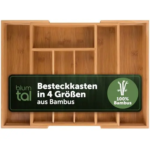 Produktbild: Blumtal Besteckkasten aus Bambus - größenverstellbarer Schubladentrenner Küche - Besteck Organizer 5 bis 7 Fächer - ausziehbare Schublade für Küchenschubladen - Organizer Küche Besteck in medium