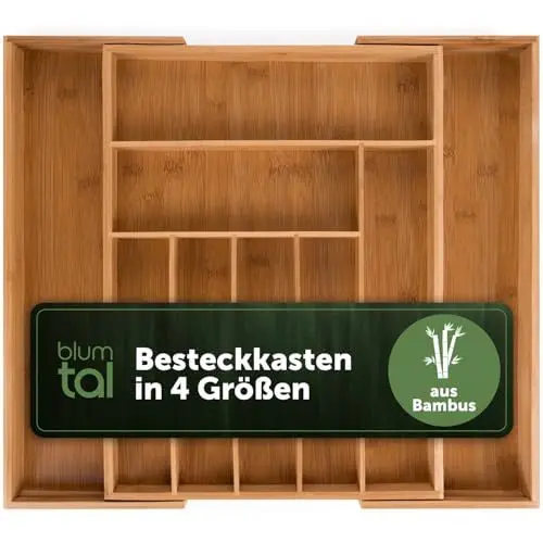 Produktbild: Blumtal Besteckkasten aus Bambus - größenverstellbarer Schubladentrenner Küche - Besteck Organizer 7 bis 9 Fächer - ausziehbare Schublade für Küchenschubladen - Organizer Küche Besteck in groß