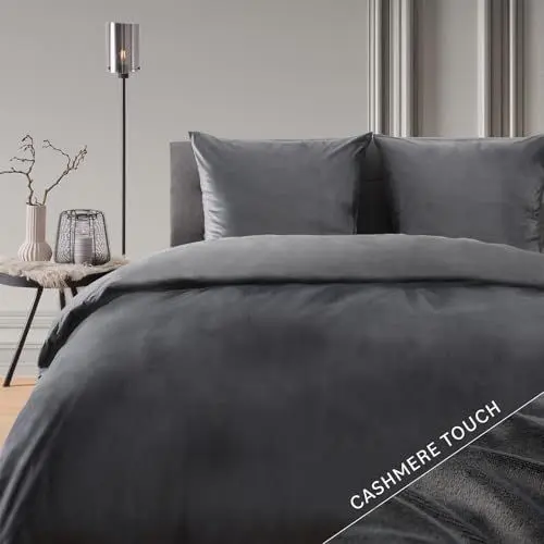 Produktbild: Blumtal Bettwäsche 200x200 cm Cashmere-Touch Plüsch - Oeko-TEX zertifizierte Bettwäsche 200x200 Plüsch + Kissenbezug 80x80 2X - Bettwäsche 200x200 Winter Mikrofaser - Bettwäsche flauschig Anthrazit