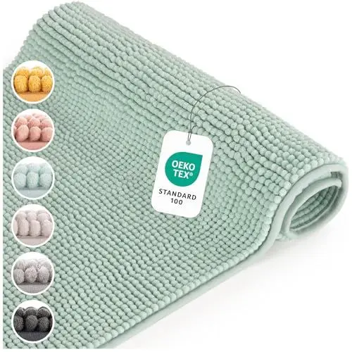 Produktbild: Blumtal Badematte 50x80 cm Chenille - OEKO-TEX zertifizierter Badteppich - Badematten & Badteppiche - Duschvorleger - Badvorleger rutschfest waschbar - Badematten - Bath Mat - Bad Teppich in Opal Blau