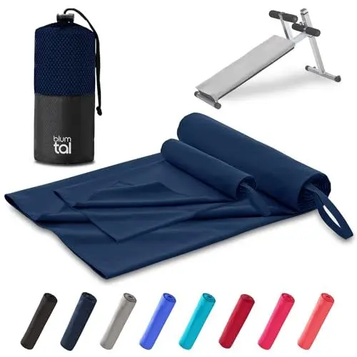 Produktbild: Blumtal Fitness Handtuch im 2er Set - Microfaser Sporthandtuch Fitnessstudio 180x90 cm + Mikrofaser Handtuch 80x40 cm - Microfaser Handtuch groß & klein - Gym Handtuch im Set - Dark Ocean Blue - Blau