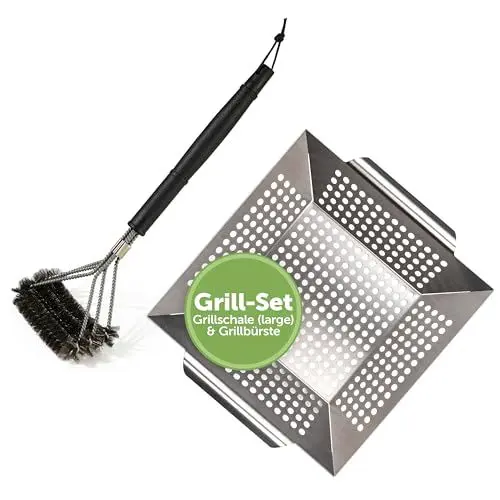 Produktbild: Blumtal Grillbürste Edelstahl & Grillschale (Large) Edelstahl Set - Grillreiniger Gasgrill Grillbürsten – Grillkorb 29,5 x 29,5 x 6 cm – Grillschale Spülmaschinengeeignet - Grillrost Bürste im Set