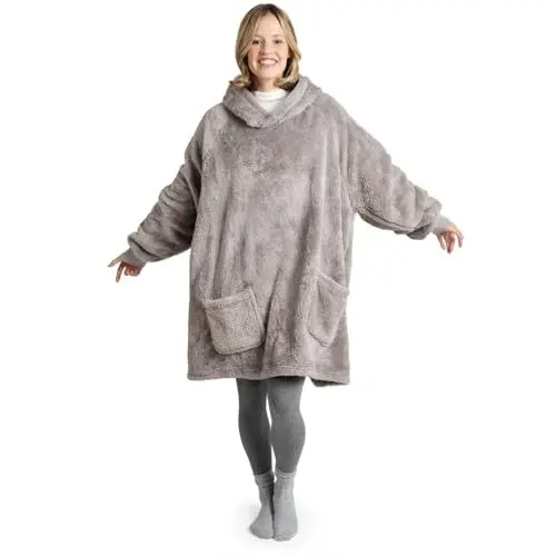 Produktbild: Blumtal Hoodie Decke Damen mit Ärmeln und Kapuze - OEKO-TEX zertifizierter Kuschelpullover Damen - Decke zum Anziehen - Decken Hoodie Damen - Kuschelpullover warm und weich - Decken Pullover in Grau