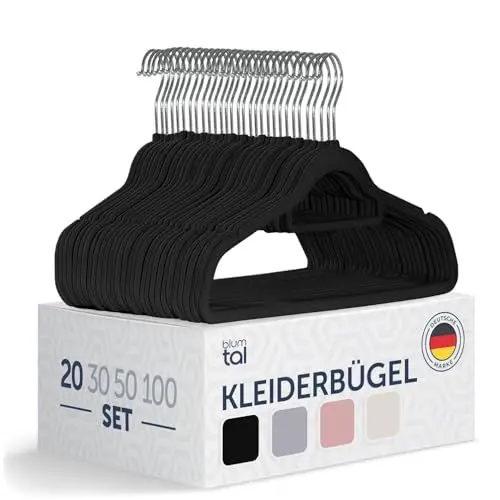 Produktbild: Blumtal Kleiderbügel 20 Stück - Kleiderbügel Samt 360° drehbar und belastbar - Kleiderbügel platzsparend und rutschfest - Kleiderbügel Schwarz mit Samtbezug - Samtbügel - Kleiderbügel Samt Schwarz