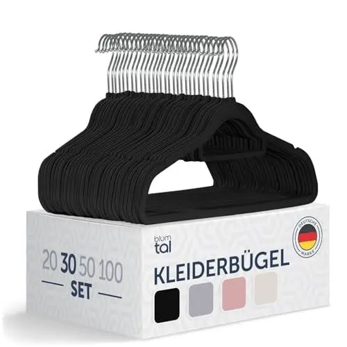Produktbild: Blumtal Kleiderbügel 30 Stück - Kleiderbügel Samt 360° drehbar und belastbar - Kleiderbügel platzsparend und rutschfest - Kleiderbügel Schwarz mit Samtbezug - Samtbügel - Kleiderbügel Samt Schwarz