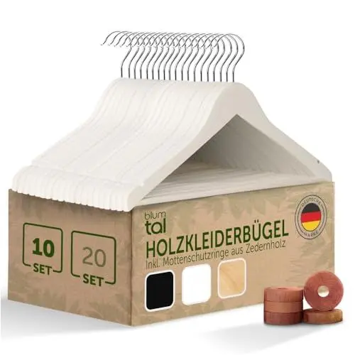 Produktbild: Blumtal Kleiderbügel Holz 10er Set - Holzbügel mit 360° drehbarem Metallhaken - Kleiderbügel Weiß + Zedernholz Mottenschutz - Kleiderbügel Holz Weiss + Anti-Rutsch-Schicht & Einkerbungen - Coat Hanger