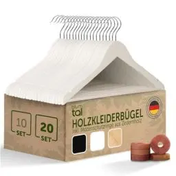 Produktbild: Blumtal - Kleiderbügel aus Holz, Weiß, 20 Stück – Kleiderbügel aus Holz rutschfest – für Erwachsene mit 360° drehbarem Haken aus Chrom – mit 2 Kerben – mit Rutschfester Aufhängung, weiß