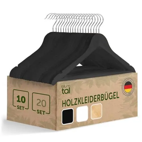 Produktbild: Blumtal Kleiderbügel Holz 10er Set - Holzbügel mit 360° drehbarem Metallhaken - Kleiderbügel Schwarz mit Zedernholz Mottenschutz - Kleiderbügel Holz Schwarz mit Anti-Rutsch-Schicht & Einkerbungen