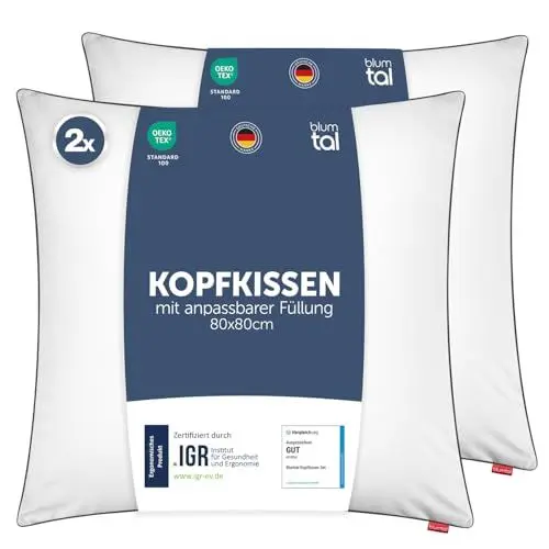 Produktbild: Blumtal Kopfkissen 80x80 cm 2er Set - Nackenkissen mit anpassbarer Füllung - 100% Mikrofaser & waschbar bis 95 Grad - höhenverstellbares Kissen mit Paspel - für erholsamen Schlaf