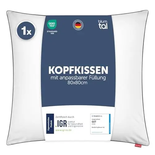Produktbild: Blumtal Kopfkissen 80x80 cm - Nackenkissen mit anpassbarer Füllung - 100% Mikrofaser & waschbar bis 95 Grad - höhenverstellbares Kissen mit Paspel - für erholsamen Schlaf