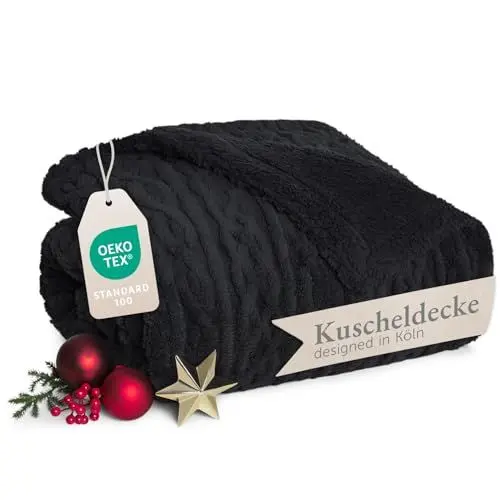 Produktbild: Blumtal Kuscheldecke 150x200 cm mit Zopfstrick-Optik - Oeko-TEX zertifizierte Mikrofaser Fleecedecke mit weicher Sherpa-Innenseite - Sherpa Decke flauschig - Wohndecke/Couch Decke 150x200 in Schwarz