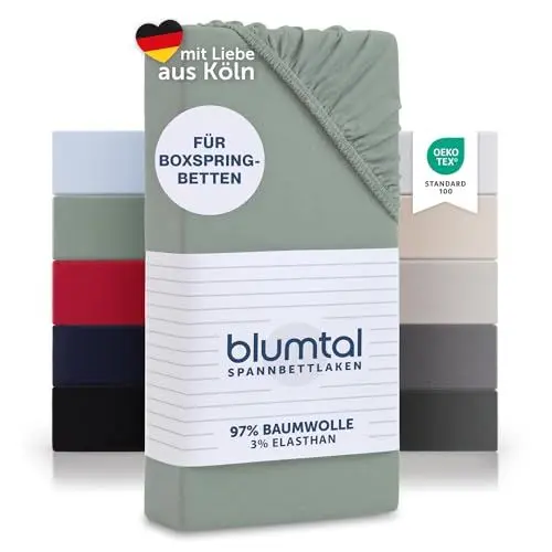 Produktbild: Blumtal Luxus Spannbettlaken 200x200 Boxspringbett bis 40cm Höhe - Oeko-Tex Zertifizierte Baumwoll Bettlaken 200x200 Boxspringbett - Spannbettlaken 200x200 Baumwolle - Summer Green