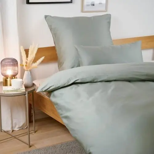 Produktbild: Blumtal Mako Satin Bettwäsche 155x220 Baumwolle Grün - Bettdeckenbezug mit frei wählbaren Kissenbezug - individuell anpassbares Bettwäsche-Set aus 100% Baumwolle - Oeko Tex Zertifiziert