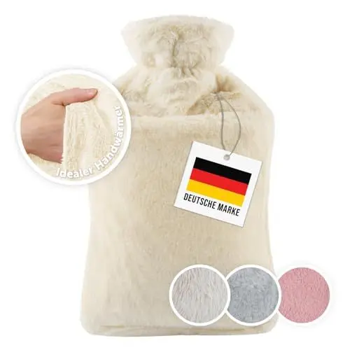 Produktbild: Blumtal Premium Wärmflasche mit Bezug & Tasche aus weichem Kunstfell - Wärmeflasche aus Naturkautschuk - Wärmflasche mit Handwärmer - Wärmflasche mit Tasche für Hände - auslaufsichere Bettflasche Weiß