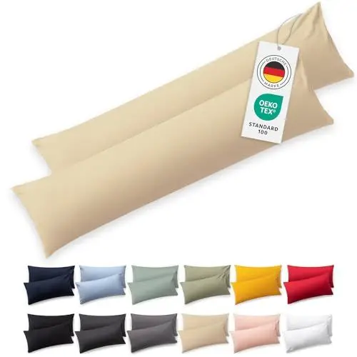 Produktbild: Blumtal Seitenschläferkissen Bezug 40 x 145 (2er Set Kissenbezüge) - Beige - 100% Baumwolle, Oeko-Tex Zertifiziert, Kissenbezug für Seitenschläferkissen, Kissenhülle mit Reißverschluss