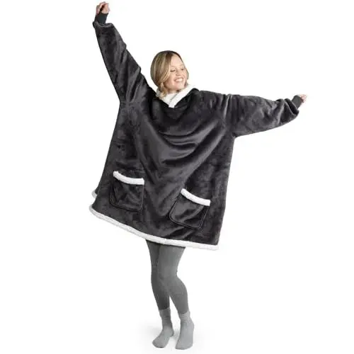 Produktbild: Blumtal Sherpa Hoodie Decke Damen mit Ärmeln und Kapuze - OEKO-TEX zertifizierter Kuschelpullover Damen - Decke zum Anziehen - Decken Hoodie - Kuschelpullover gefüttert - Anthrazit