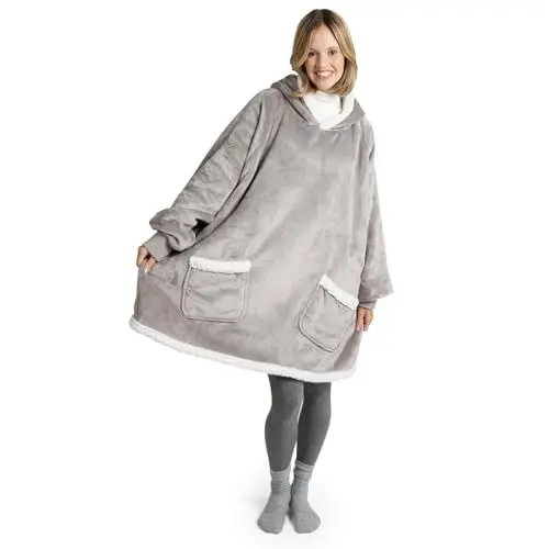 Produktbild: Blumtal Sherpa Hoodie Decke Damen mit Ärmeln und Kapuze - Oeko-TEX zertifizierter Kuschelpullover Damen - Decke zum Anziehen - Decken Hoodie - Kuschelpullover gefüttert - Grau