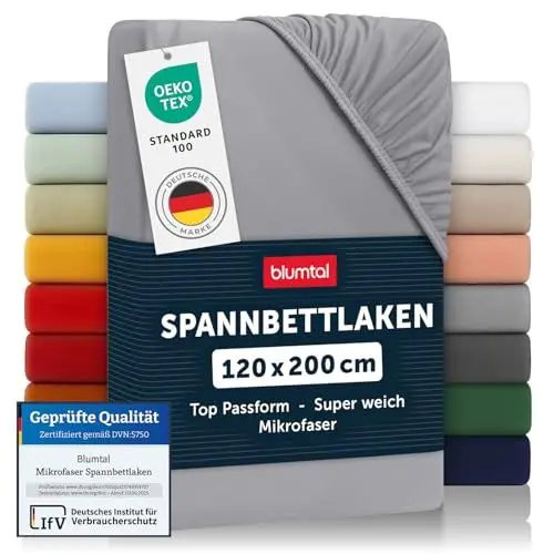 Produktbild: Blumtal® Spannbettlaken - Bettlaken 120x200 aus Microfaser - Öko-Tex zertifiziertes Spannbetttuch - Grau