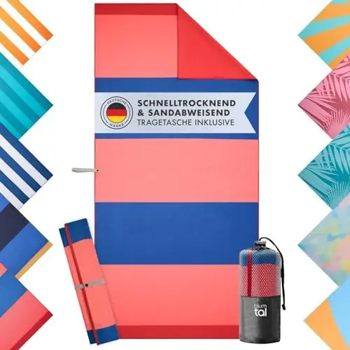 Produktbild: Blumtal Strandhandtuch 90 x 180 cm aus Mikrofaser - kompaktes und schnelltrocknendes Handtuch/Strandtuch XXL - Stranddecke sandfrei mit Band - Badetuch groß & weich - Strandtuch Mikrofaser Rosa-Blau