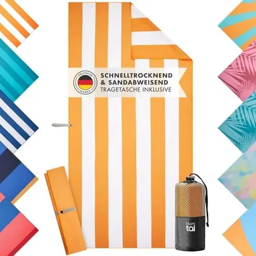 Produktbild: Blumtal Strandhandtuch 90 x 180 cm aus Mikrofaser - kompaktes und schnelltrocknendes Handtuch/Strandtuch XXL - Stranddecke sandfrei + Band - Badehandtuch sandabweisend Gelb-Weiß gestreift