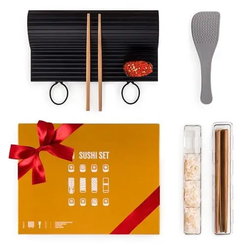 Produktbild: Blumtal Sushi Set Spülmaschinenfeste Sushimatte - Langlebiger, Nachhaltiger Sushi Maker mit Hochwertigen Edelholzstäbchen und Reislöffel für Anfänger und Sushi-Profis