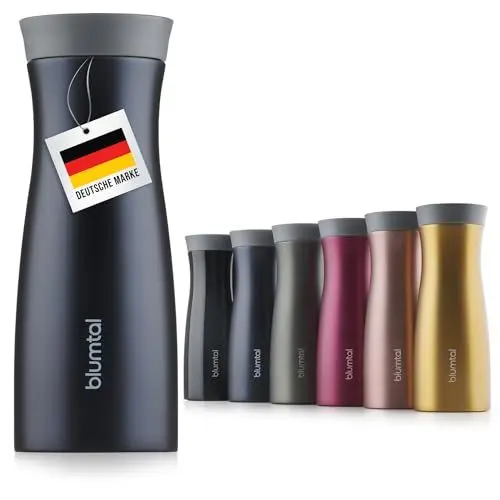 Produktbild: Blumtal Thermobecher 380 ml - Kaffeebecher to go aus Edelstahl - auslaufsicherer Isolierbecher kalt/heiß - Mug mit 360° Trinköffnung - Thermo Kaffeebecher to go + Quick-Press-Verschluss - Dunkelblau