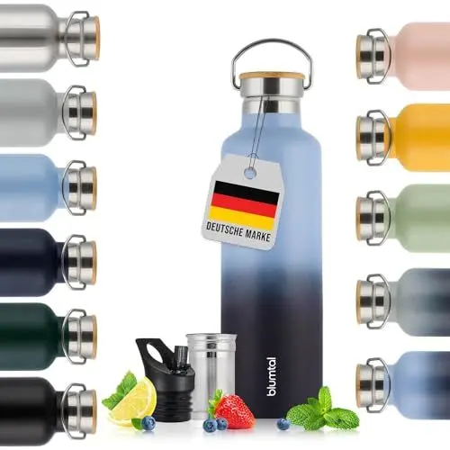 Produktbild: Blumtal Thermosflasche 1L - doppelwandige Trinkflasche Edelstahl 1L - Isolierflasche 1L BPA frei - Edelstahl Trinkflasche 1L/Teeflasche - Trinkflasche Thermo 1L - Thermos 1L - Grey Blue & Dark Ocean