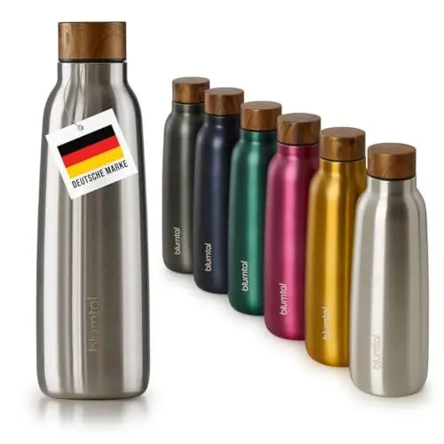 Produktbild: Blumtal® Trinkflasche Edelstahl isoliert - Thermosflasche 500 ml - BPA-freie Thermo Trinkflasche kalt&warm - auslaufsichere Trinkflasche Metall - Thermos Trinkflasche 500 ml isolierend - Holz/Silber