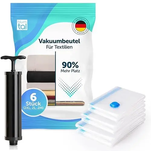 Produktbild: Blumtal Vakuum-Kompressionsbeutel - Vakuumbeutel für Kleidung - mit Handpumpe – vacuum bags for clothing – Vakuumbeutel für Kleidung Staubsauger - Vakuumierbeutel Kleidung im 6er Set (XL, L, M)