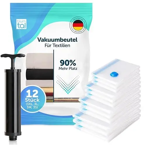 Produktbild: Blumtal Vakuum-Kompressionsbeutel - Vakuumbeutel für Kleidung – mit Handpumpe – vacuum bags – Vakuumbeutel für Kleidung Staubsauger - Vakuumierbeutel Kleidung im 12er Set (XL, L, M, S)