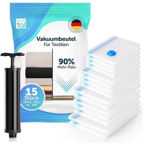 Produktbild: Blumtal Vakuum-Kompressionsbeutel - Vakuumbeutel für Kleidung – mit Handpumpe – Vacuum Bags – Vakuumbeutel für Kleidung Staubsauger - Vakuumierbeutel Kleidung im 15er Set (XXL, XL, L, M)