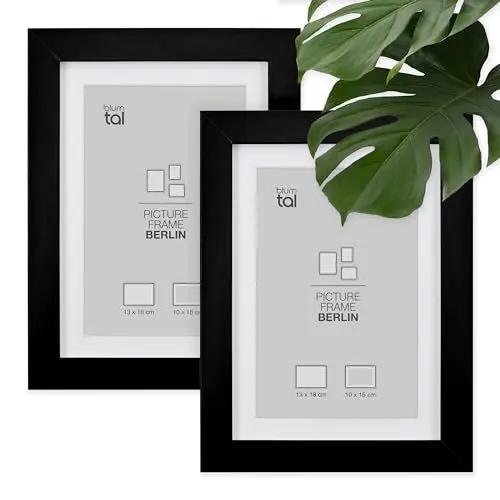 Produktbild: Blumtal – 2er Set Bilderrahmen 13x18 cm, hochwertiger Fotorahmen Berlin aus Holz mit Passepartout, zum Aufhängen und Aufstellen, schwarz