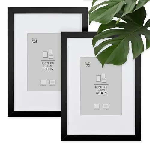Produktbild: Blumtal – 2er Set Bilderrahmen 21x30 cm, hochwertiger Fotorahmen Berlin aus Holz mit Passepartout, zum Aufhängen und Aufstellen, schwarz
