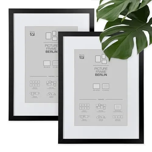 Produktbild: Blumtal – 2er Set Bilderrahmen 30x40 cm, hochwertiger Fotorahmen Berlin aus Holz mit Passepartout, zum Aufhängen, schwarz