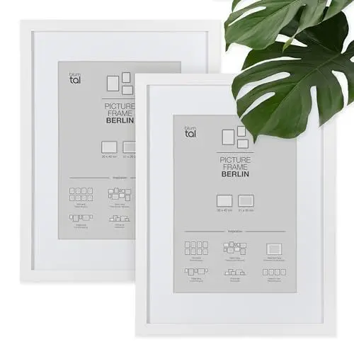 Produktbild: Blumtal – 2er Set Bilderrahmen 30x40 cm, hochwertiger Fotorahmen Berlin aus Holz mit Passepartout, zum Aufhängen, weiß