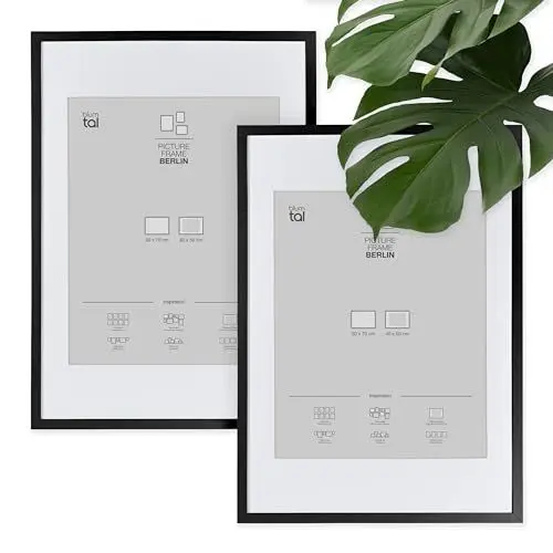 Produktbild: Blumtal – 2er Set Bilderrahmen 50x70 cm, hochwertiger Fotorahmen Berlin aus Holz mit Passepartout, zum Aufhängen, schwarz